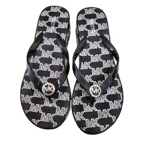 Michael Kors MK Black Platform Flip Flops Bedford Sz 8 Thong Wedge Sandals Logo
